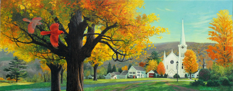 Acrylic painting of a Vermont church by John C. Pitcher