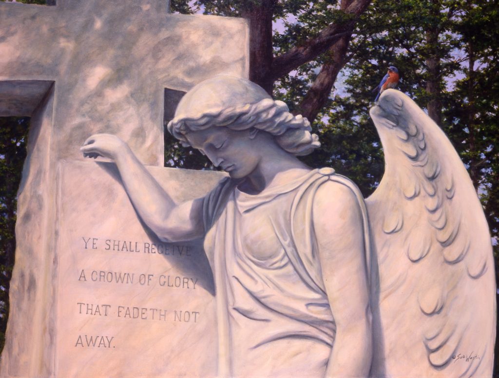 Gravestone and blue bird oil painting by Sue Westin