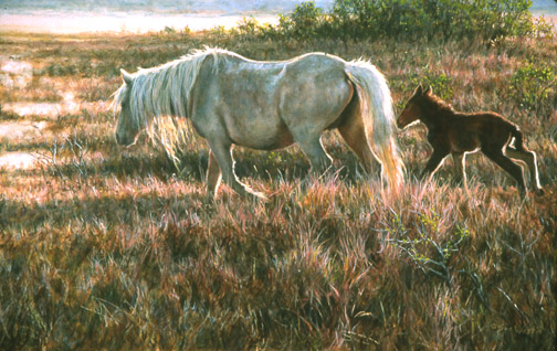 A horse mare and foal oil painting by Sue Westin