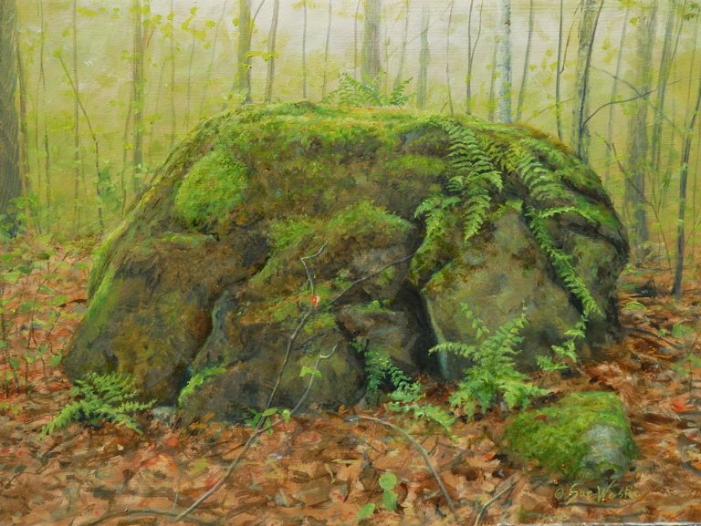 A oil painting of a fern-covered rock by Sue Westin